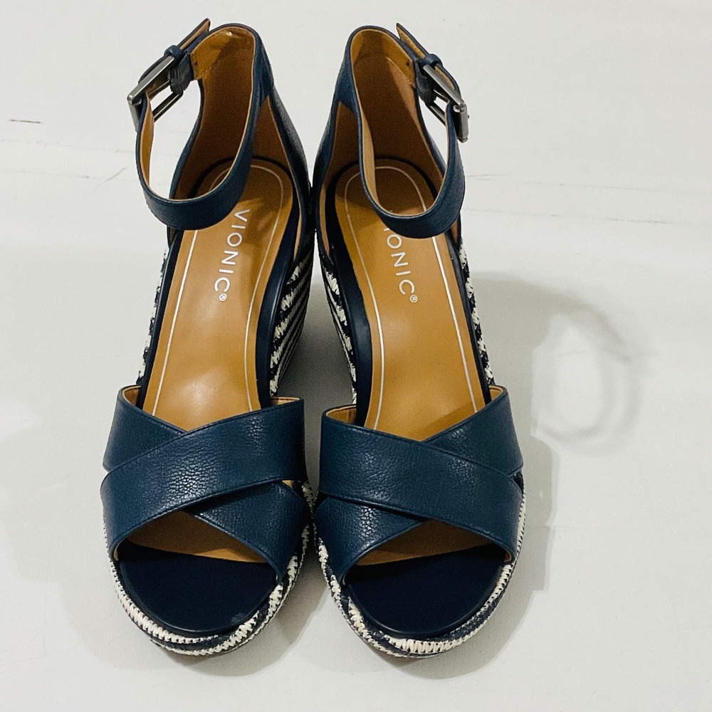 VIONIC Marina womens platform wedge heel sandal navy stripe ankle strap NWT 8 - Picture 4 of 12